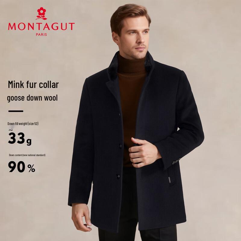 MONTAGUT Men's Wool Blend Overcoat with Goose Down Liner & Mink Fur Collar