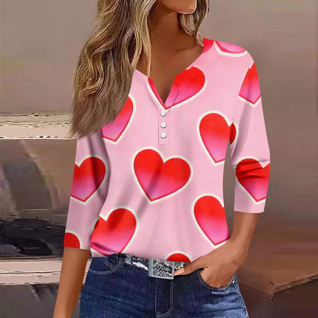 Women's Fashion Button-Up V-Neck Three-Quarter Sleeve Valentine's Day Print Top