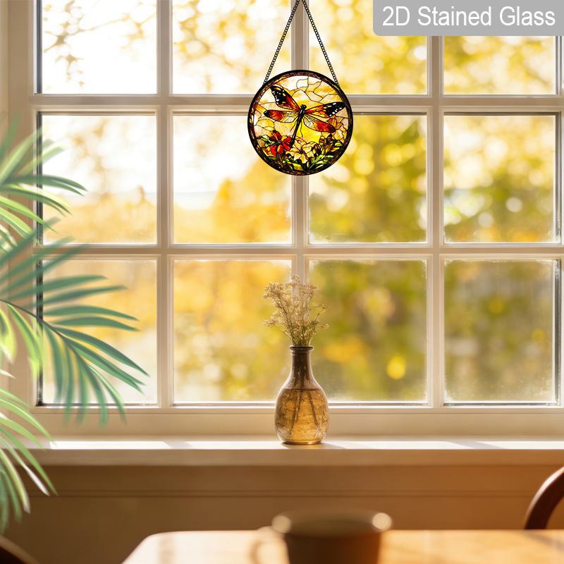 2D Flat Stained Glass Dragonfly Window Decoration, 7.87inches Colored Glass Plate with Chain Window Door Wall Decor, Charming Spring Summer Sun