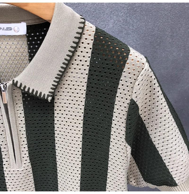 Men's Vintage Openwork Knit Half-Zip Polo Shirt, Short Sleeve, Trendy Royal Blue