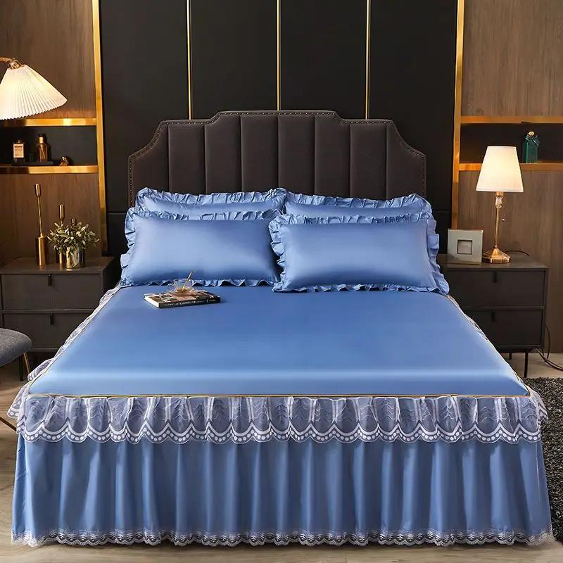 Luxurious lace bed skirt summer bedspread solid satin rayon bed linen couple bedding single double queen king size bed sheet
