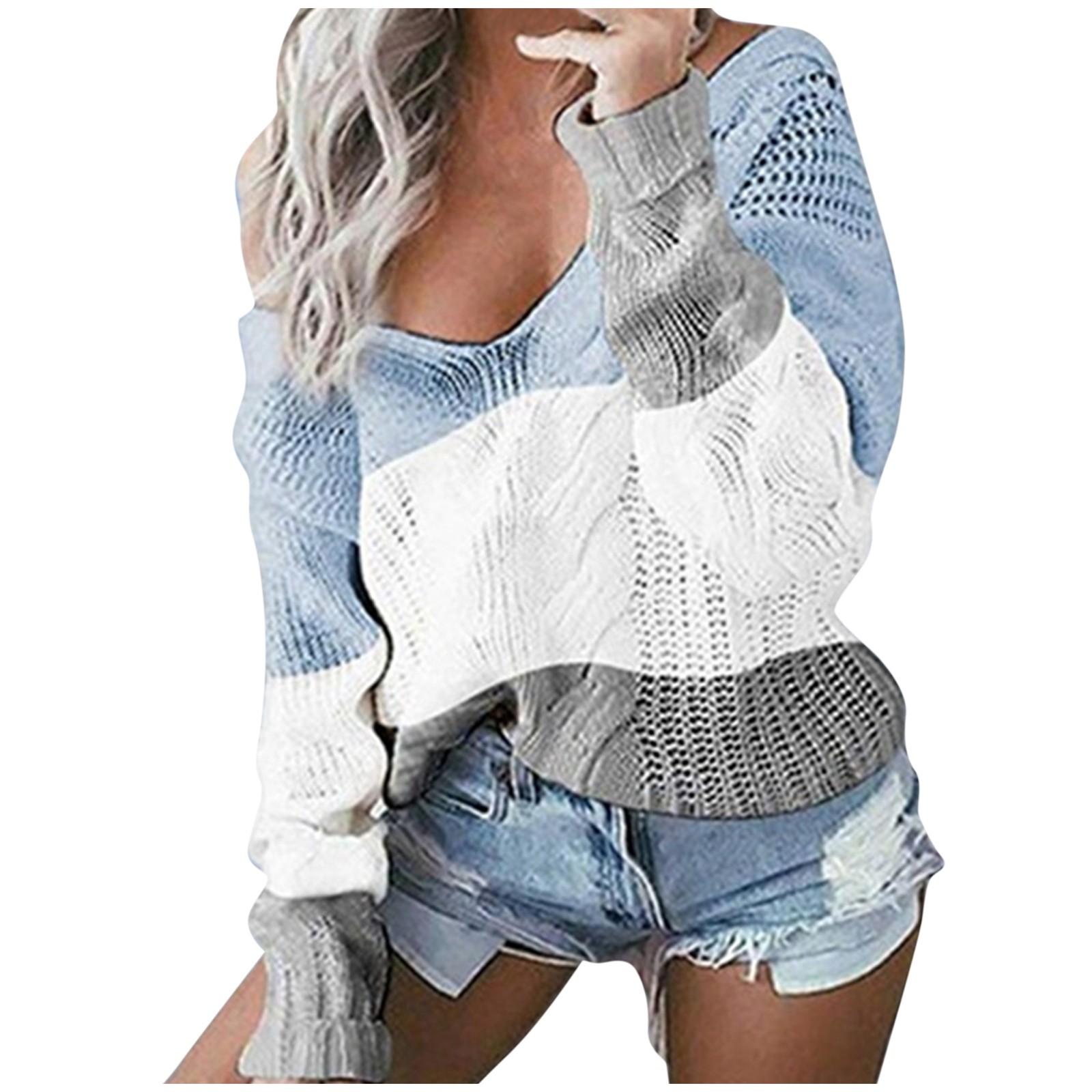 Женский женский свитер с v-образным вырезом повседневный лоскутный свободный топ с длинными рукавами облегающий пуловер L синий 2339₽