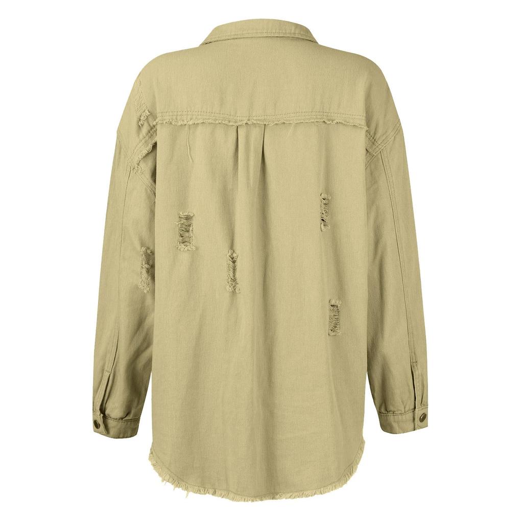 Womens Denim Jacket Button Down Shirts Distressed Frayed Coat With Pockets