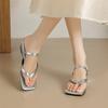Women Flip Flop Slides Square Toe Wedges Mid Heels Sandals Concise Design Slippers Ladies Fashion Shoes Summer Silver 44