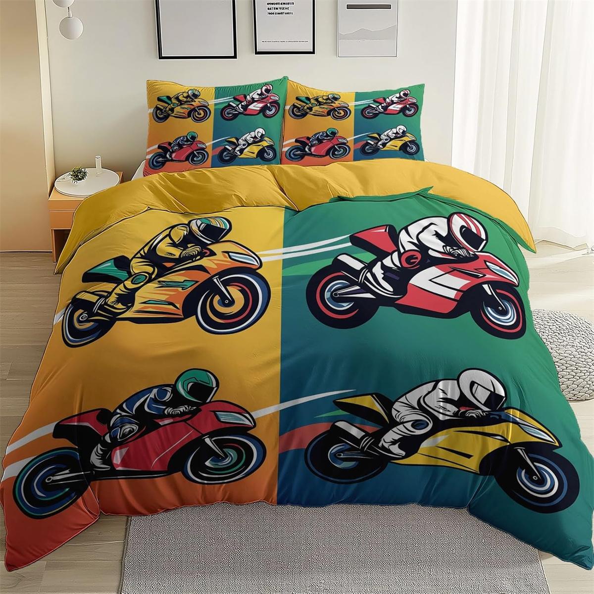 

Modern Style Motorcycle Rider Print Double size Bedding Ses with Pillow Cases 75*50cm, Microfiber Duvet Cover set with Zipper 90x200cm-2pcs