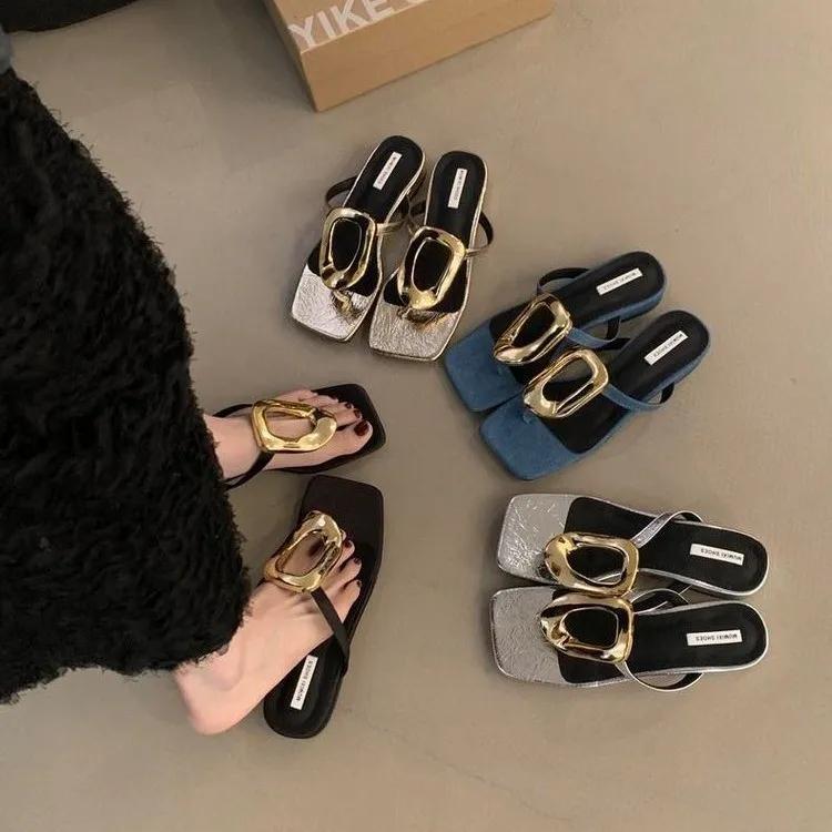New Square Toe Open-toe Flip-flops Women's Solid Color Versatile Clip-toe Flat Metal Buckle Sandals Shoes for Women