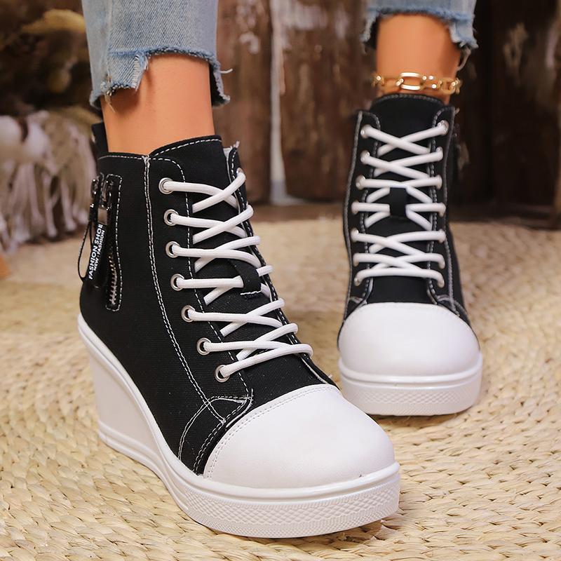 Fashion Women's Casual Canvas Wedge Sneakers High Top Platform Sports Shoes for Women 2025 Spring Autumn Lightweight Lace Up Ankle Boots