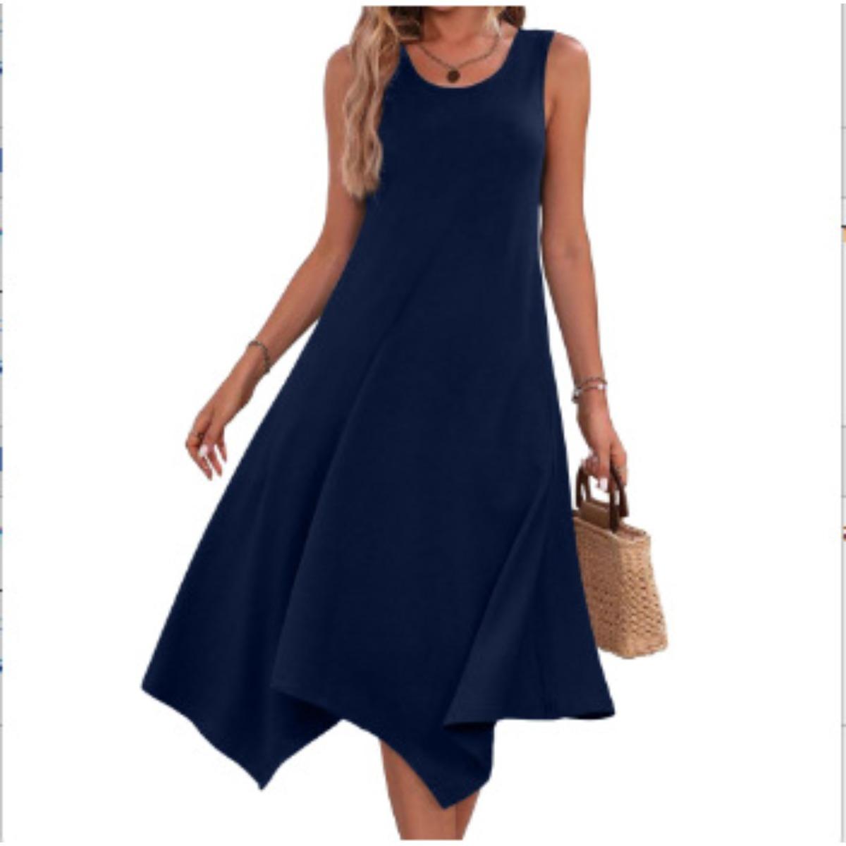

Spring Summer Irregular Sleeveless Tank Dress, Fashion Printed Mid-length Women s Dress, European American Style Cross-border Women s Clothing XXL темно-синього кольору