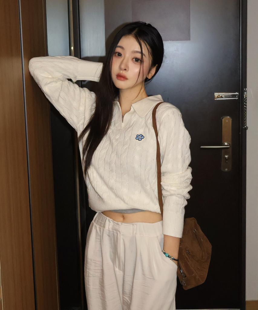 WACKY WILLY Women'S Cable Open Collar Pullover Cream