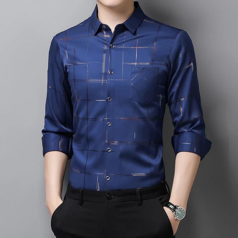 

New Men s Casual Printed Long Sleeved Lapel Shirt for Spring and Autumn Fashion Comfortable Wrinkle Free Top Without Ironing 4XL темно-синього кольору