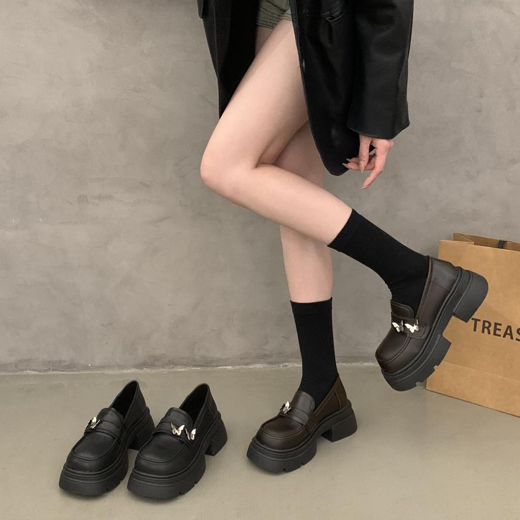 Brown retro British style heightened platform small leather shoes women's 2025 new spring and autumn French thick heel loafers
