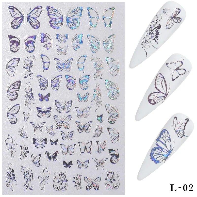 3D Holographic Butterfly Nail Art Stickers Adhesive Gold Silver Laser Foil Nail Decals For Women Girls DIY Manicure Decoration