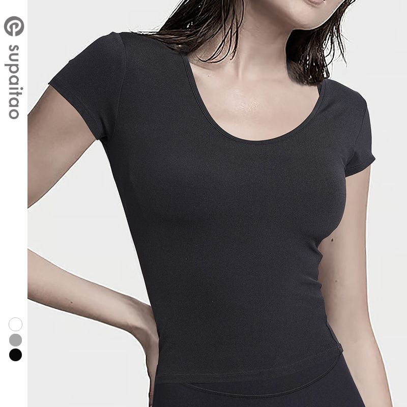 

Supaitao Basic Style Short Sleeve Yoga Jacket Nude Feel Quick-Drying Wicking Silm Workout Clothes Elastic Training Running Women Black M/6
