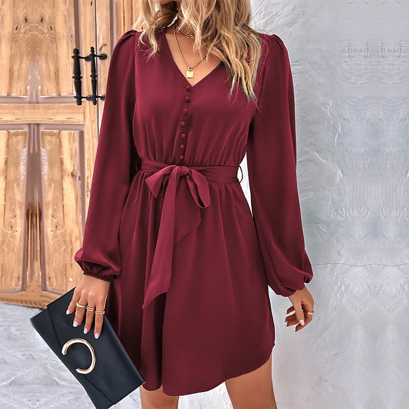Women Spring Solid Color V Neck Long Sleeve Lace Up All Match Chic Dresses