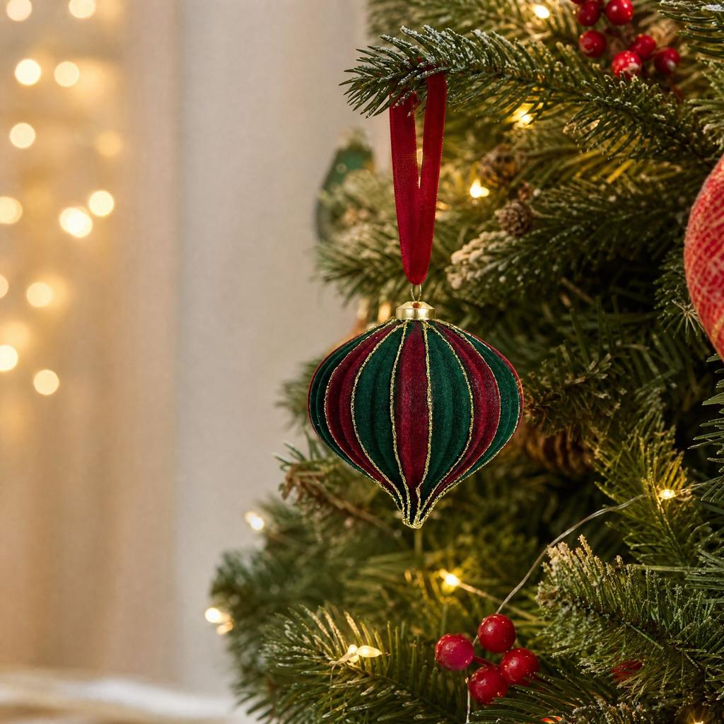 Flocked Christmas Ball Ornaments, Red and Green Vintage, Christmas Tree Hanging Decor, Round