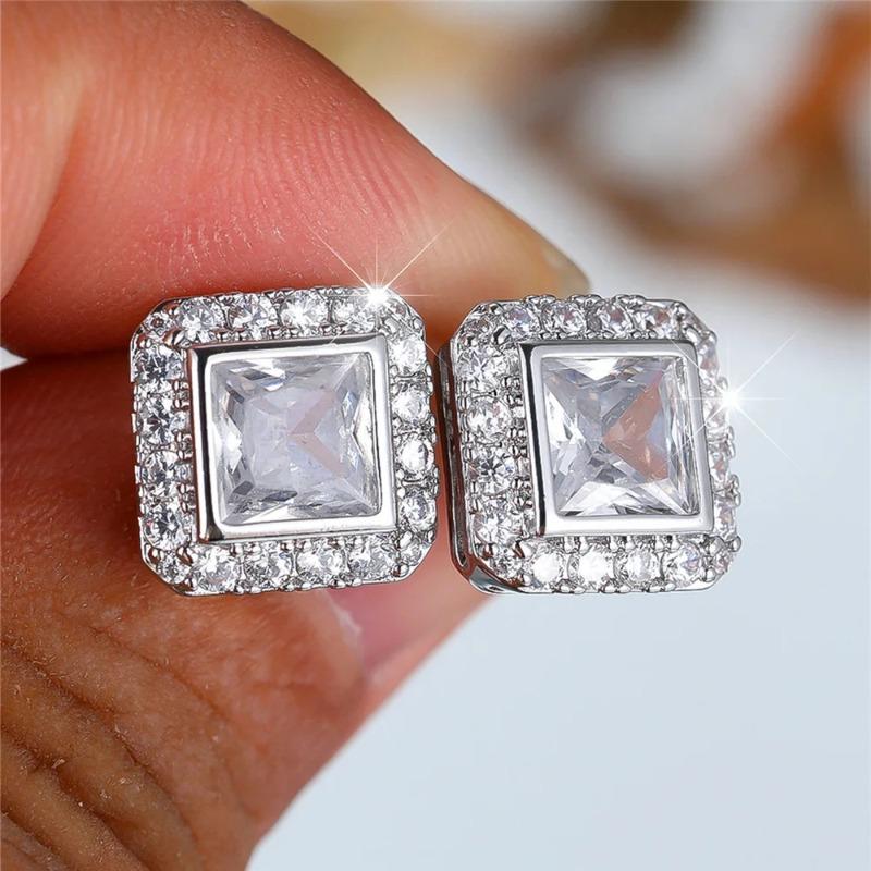 Dazzling Gold Color Inlaid White Stone Square Stud Earring for Women Trendy Party Engagement Wedding Earrings Jewelry