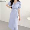 ZANZEA Elegant Women Short Sleeve Side Button Waist Pleated Casual Midi Office Dress