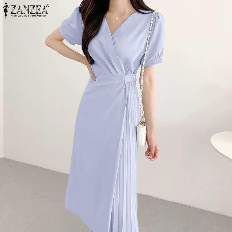 ZANZEA Elegant Women Short Sleeve Side Button Waist Pleated Casual Midi Office Dress
