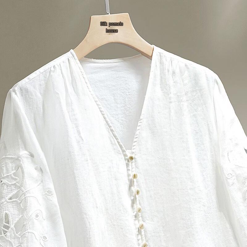 Women's Ramie V-Neck Embroidered Blouse