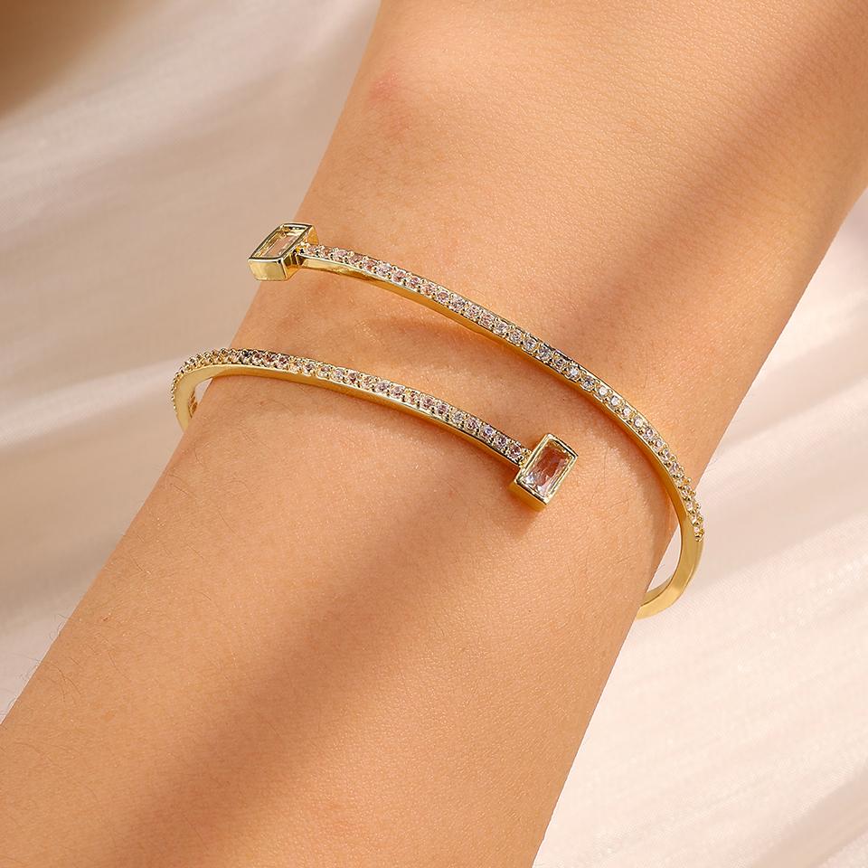 Fashion AAA CZ Sliver Color Cuff Bangles for Women Shiny Clear Geometric Rectangle Zircon Bracelet Wedding Jewelry