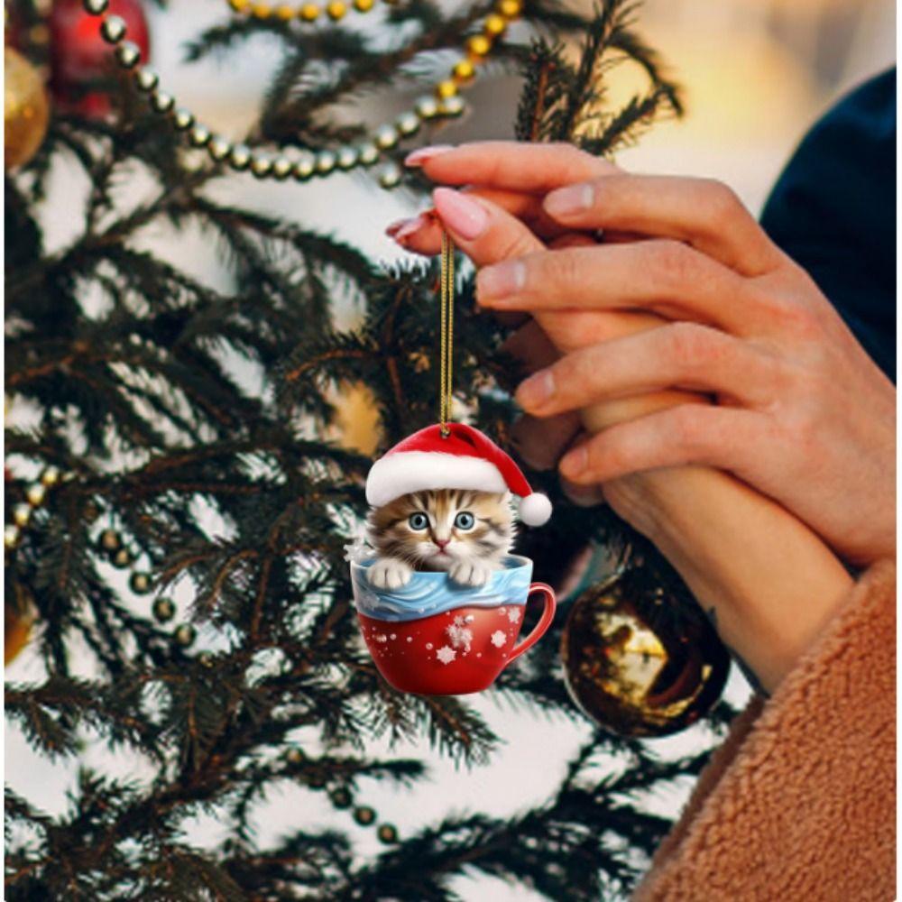 Cartoon Christmas Cup Cat Pendant Acrylic Cat Rearview Mirrors Pendant for Car Xmas Tree Bag