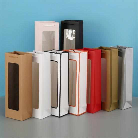 Kraft Paper Bag Decorative Oblong Shape Detachable Carry Cord Portable Pack Red Wine Contrast Color Translucent Visible Gift Bag for Champagne