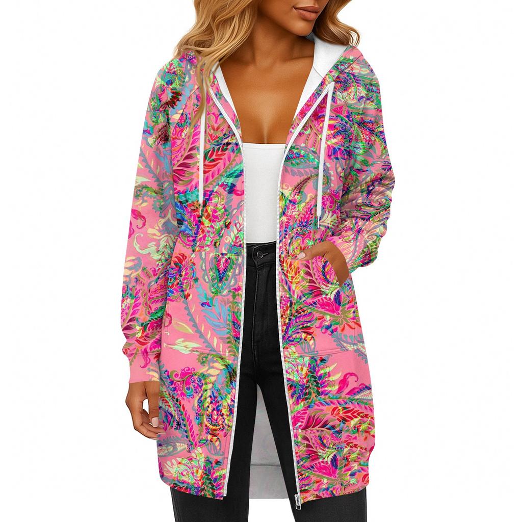Women's Fashionable Printed  Long Sleeved Drawstring Hooded Zipper Pocket Long Casual Sweatshirt Jacket