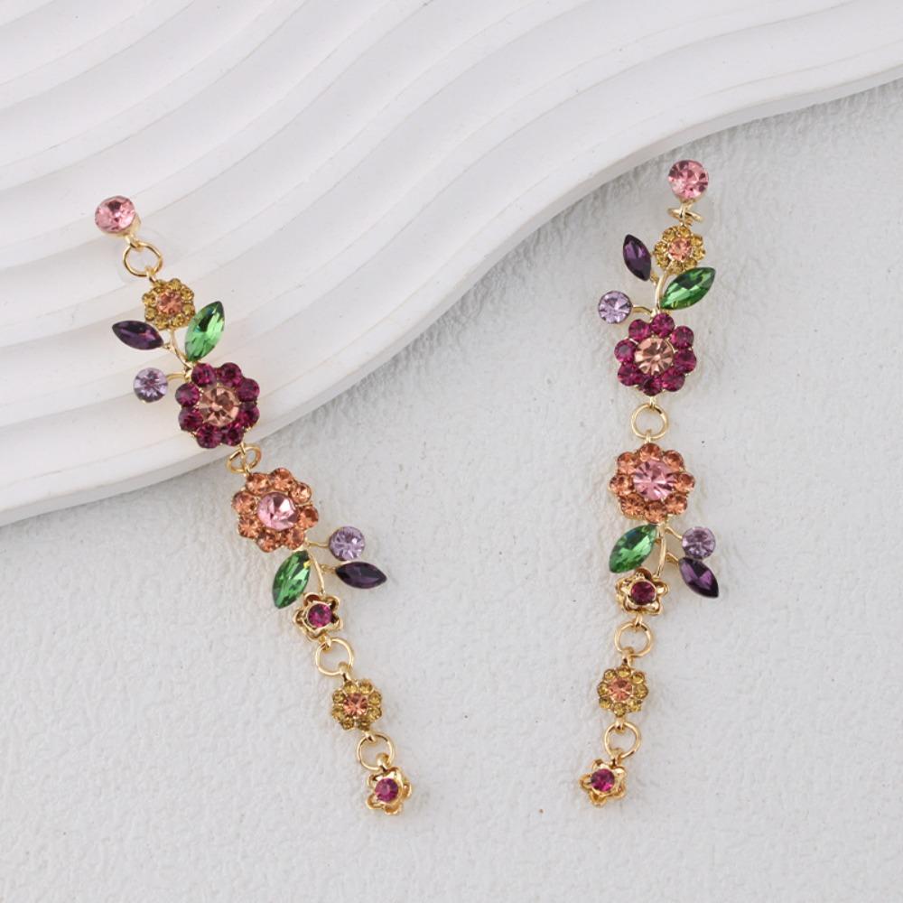 1 Pair Long Flower Drop Earrings Embellished Dangle Earrings  All Seasons Compatible