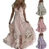 Summer Floral Maxi Dress for Women Short Sleeve V Neck A-line Swing Dress Floral Printed Beach Vacation Sundress