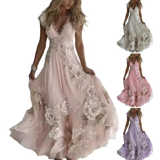 Summer Floral Maxi Dress for Women Short Sleeve V Neck A-line Swing Dress Floral Printed Beach Vacation Sundress