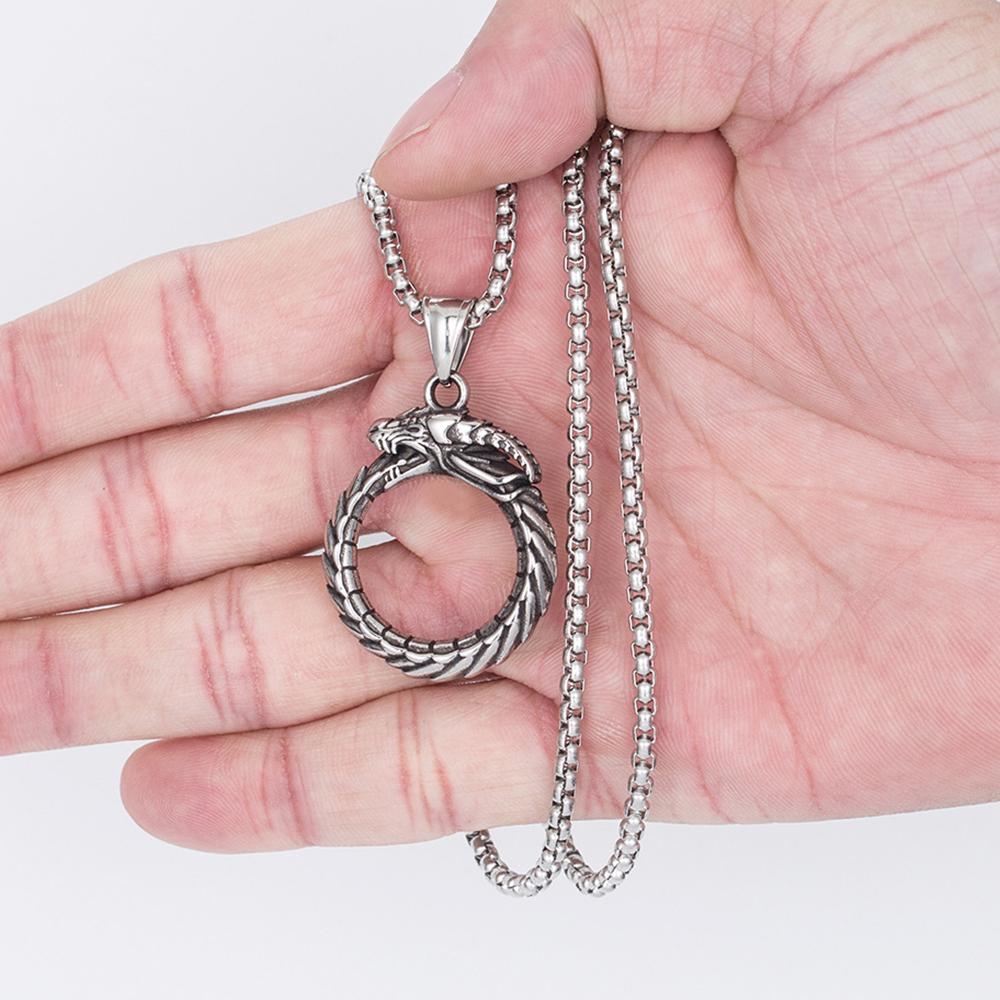 Hip Hop Rock Circular Ring Dragon Necklace For Men Vintage Stainless Steel Chain Copper Color Neck Hippie Jewelry Women Gifts