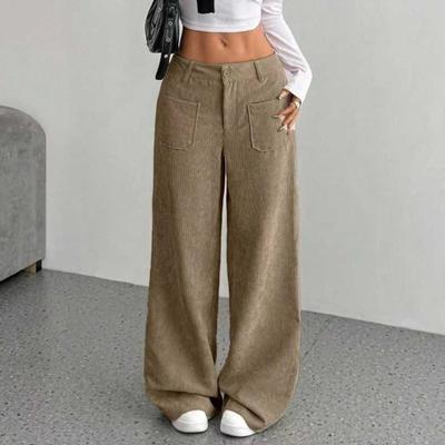 Women Pants Button Zipper Closure Straight Wide Leg Trousers with Pockets Solid Color Loose Fit Lounge Pants Daily Wear