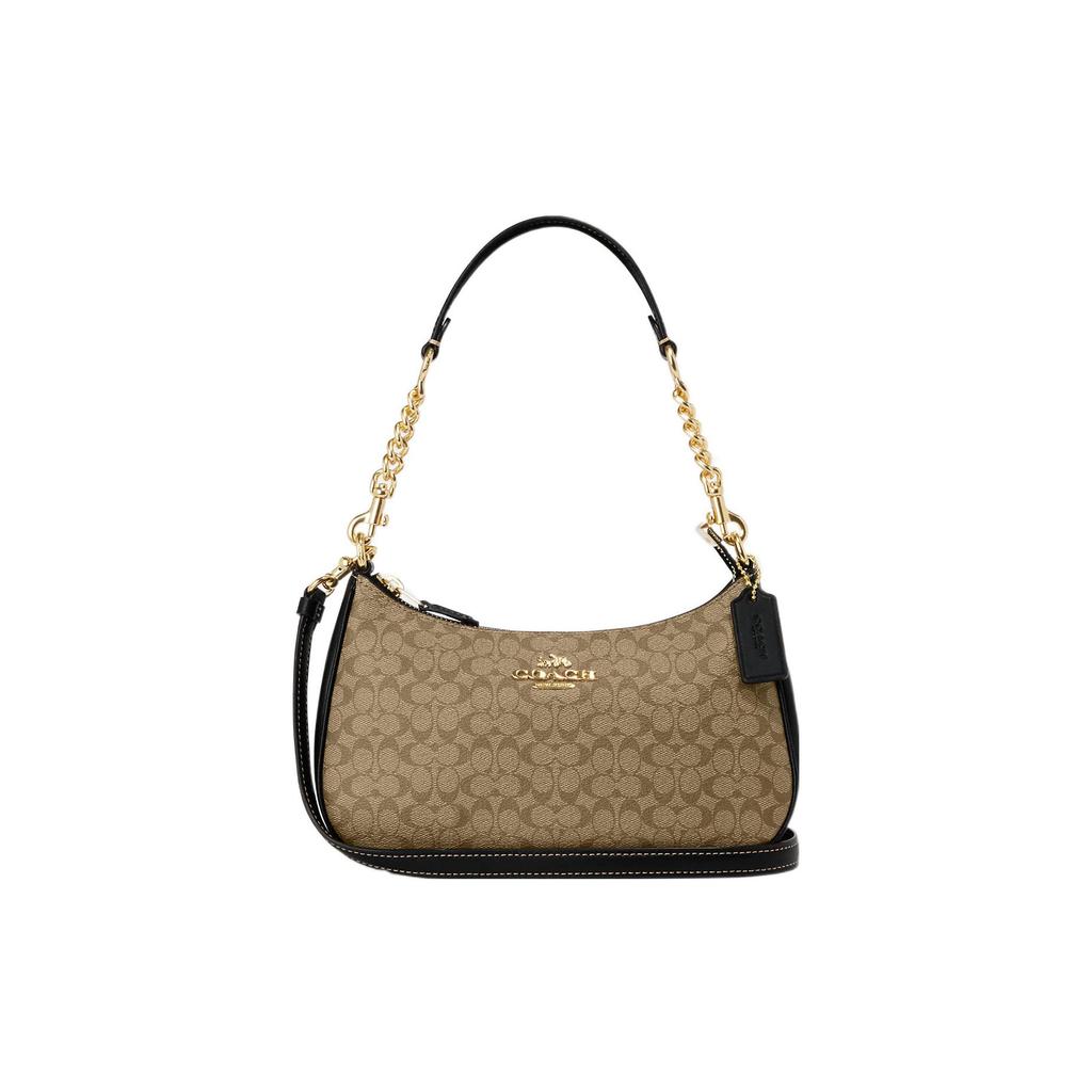 New COACH Teri Canvas With Leather Handbags Shoulder Bags Women's Khaki & Black CJ941-IMCBI