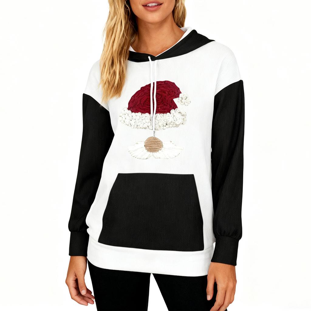 Women's Loose And Comfortable Drawstring V-neck Long Sleeved Christmas Print Hoodie