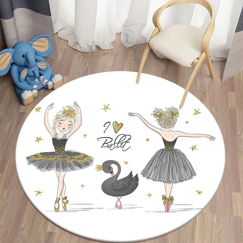 Ballet Dancer Girl Round Carpet Cute Cartoon Animal Fairy Print Area Rug For Bedroom Living Room Decor Non-Slip Play Floor Mat