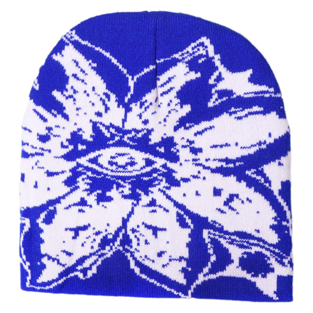 Unisex Jacquard Eye Flower Pattern Knitted Beanies Hat Fashionable Winter Warm Hiphop Bonnet Skull Hat for Men and Women