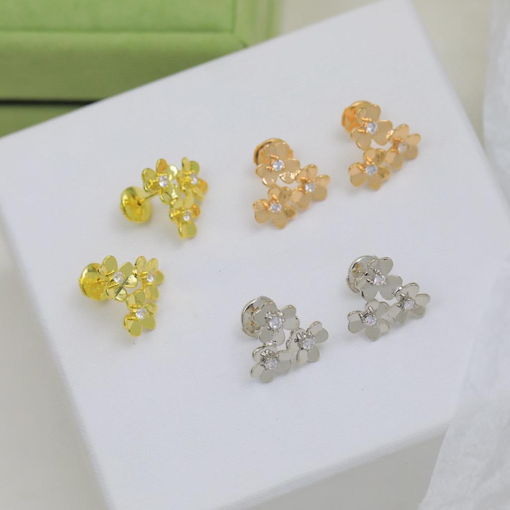 Flower earrings Lucky Grass pure silver earrings+Asian gold material original logo electroplating 18K