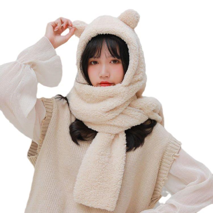 Bear Scarf with Integrated Women's Gloves and Ear Protection Hat, Cute Women's Hat Three-Piece Set, Thickened and Warm, Double-Layered for Cold