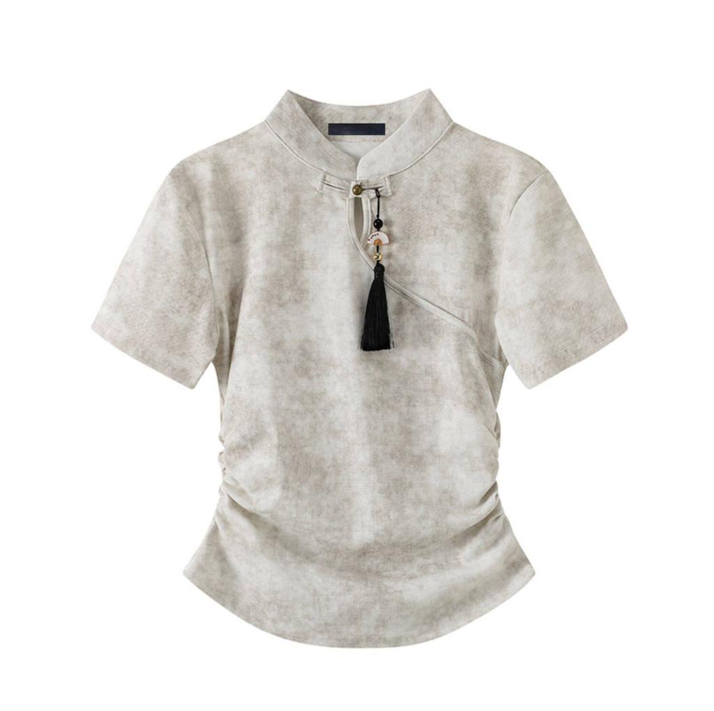 New Chinese Style Disc Buckle Smudged Short-sleeved T-shirt Women's Summer New Design Sense Chic Small Short Top