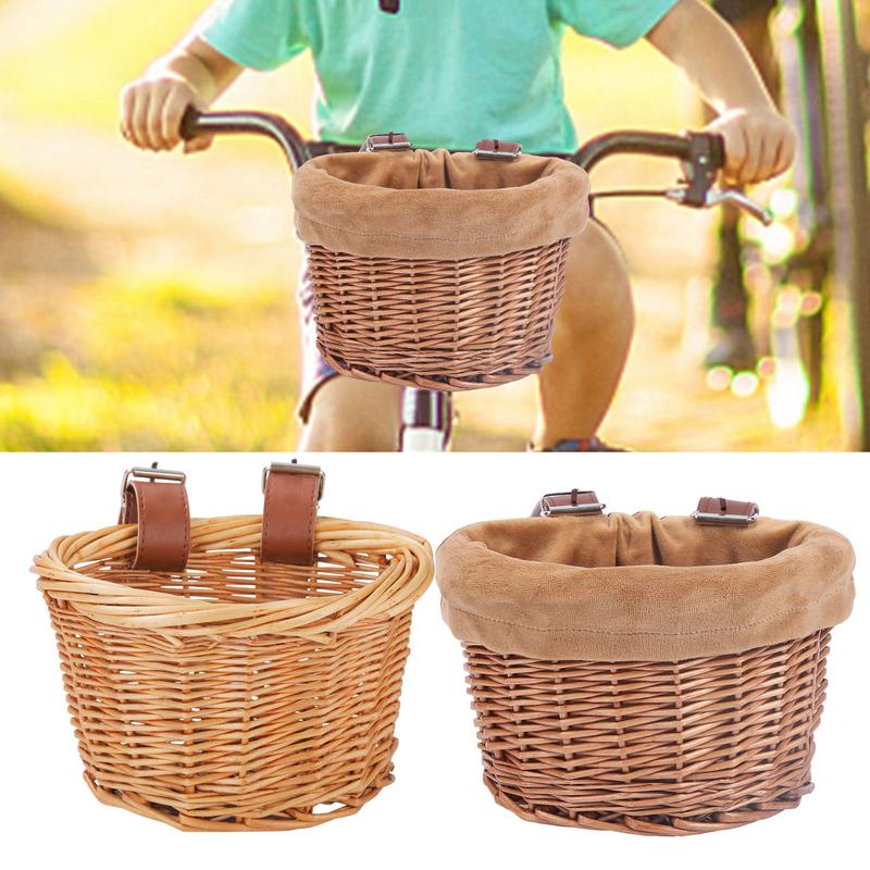 Bicycle Front Wicker Woven Basket for Kids Bike Scooter Handmade Waterproof Durable Storage Basket Detachable Baggage Bags