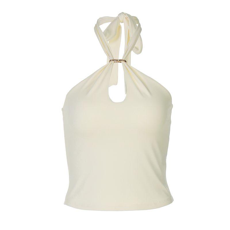 Pure Color Fancy Metal Buckle Halter Lace-up Vest 2025 Summer Wear Sexy Silm Slimming Short Top