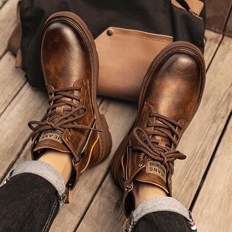 Fashion Outdoor Men Boots Genuine Leather Waterproof Lace Up Men Autumn Winter Cowhide Boots Working Boots for Men Non Slip Side Zipper