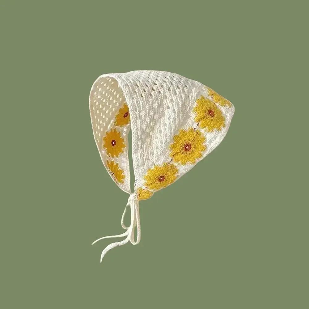 Gestricktes Dreieck-Stirnband im französischen Pastoralstil, kleines Blumen-Stirnband, Handtuch, handgefertigt, gehäkeltes Kopftuch, Mütze, Frühling/Sommer