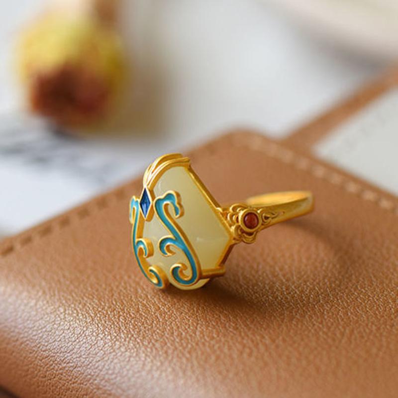 New  Chinese Retro Enamel Ring Inlaid With Hetian Jade Unique Aventurous Craftsmanship, Adjustable Opening For Women