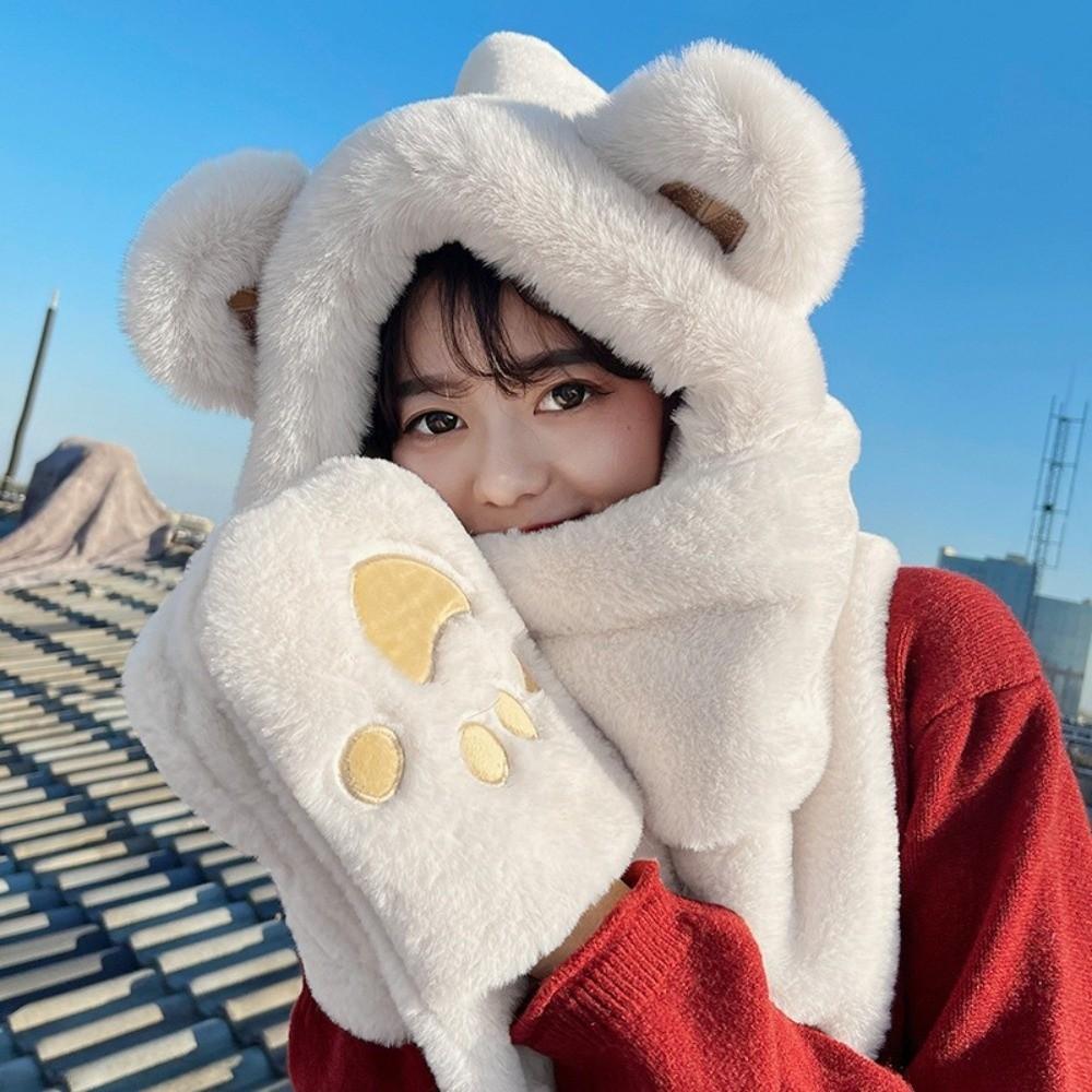 3-in-1 Hooded Scarf Windproof Winter Plush Scarf Cute Neck Warmer  Outdoor