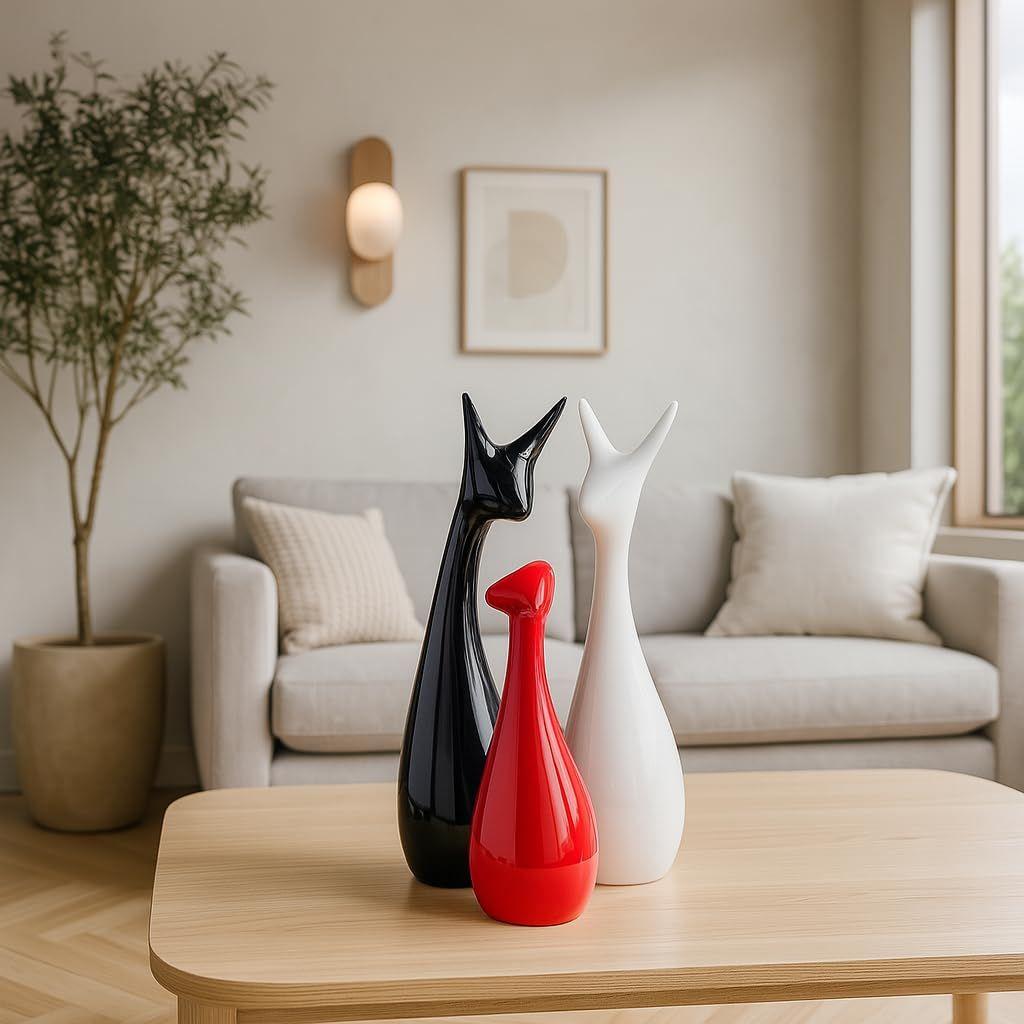 Home Decor Lucky Deer Statue Family Piano Finish Ceramic Figures - (Set of 3, Red Black, White)