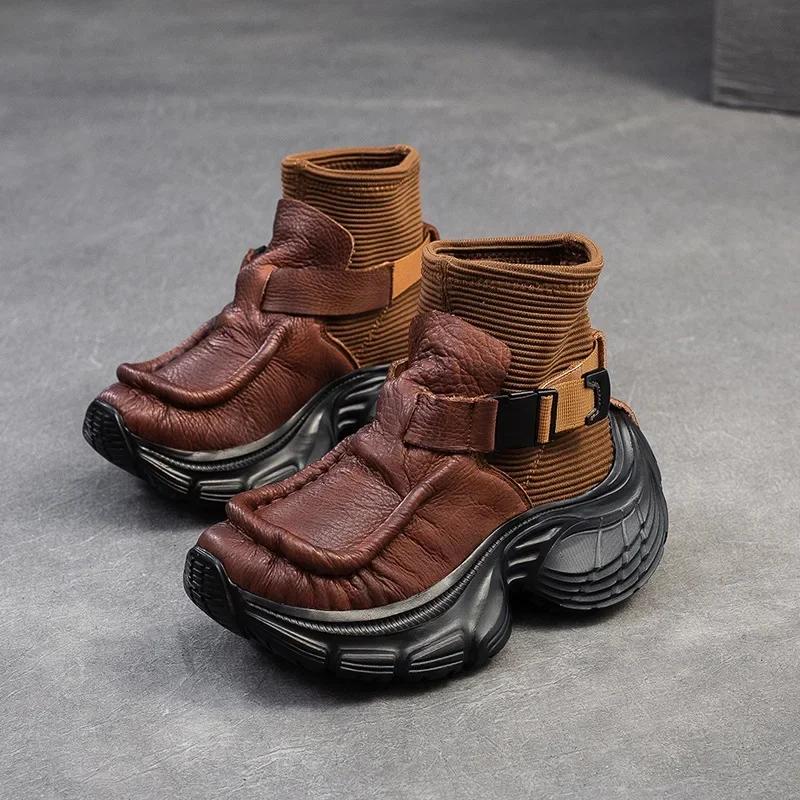 Модные британские ботильоны 65 см эластичные носки для женщин осенние туфли на платформе и танкетке из натуральной кожи весенние плюшевые вязаные ботинки 39 15939₽