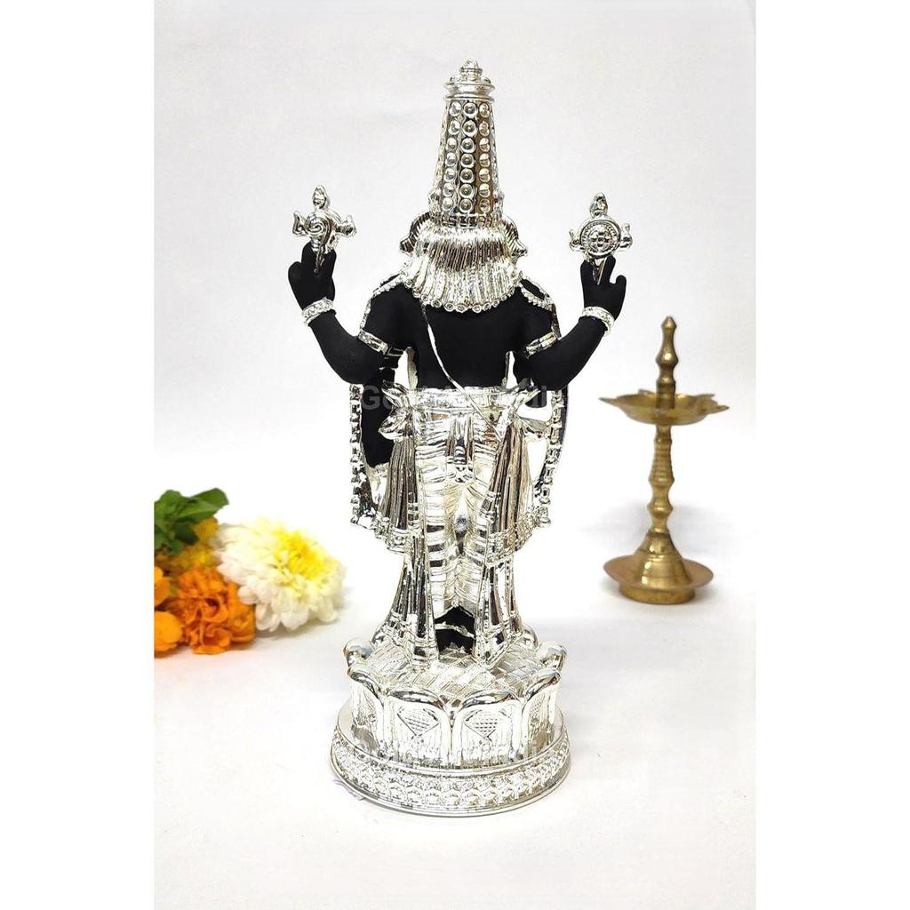 Lord Tirupati Balaji Silver Plated Black Idol with Golden Jewelry Work | Balaji Idol for Car Dashboard | Venkateswara Swamy Murti for Home |