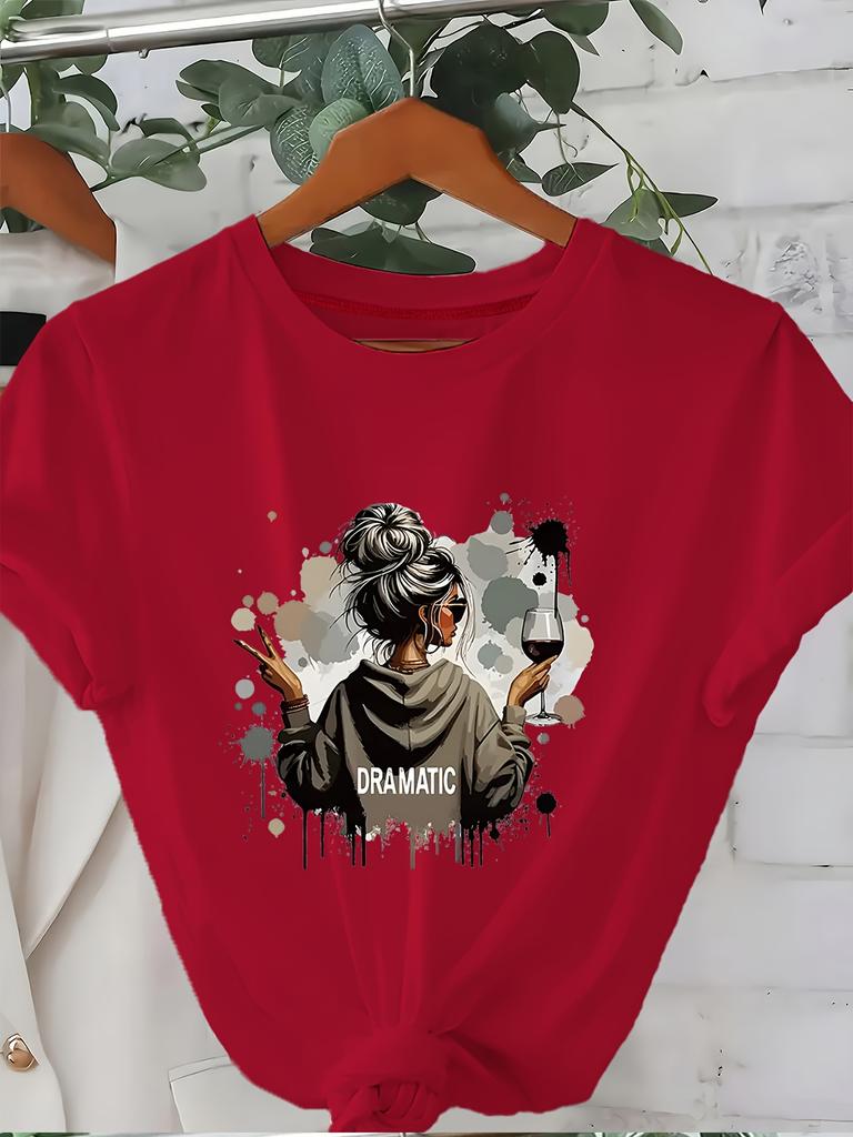 Women'sT-Shirt Dramatic Woman with Wine Glass Art Print Casual Everyday  Formal Outfits  Elegant Tee for Theater Events  Parties