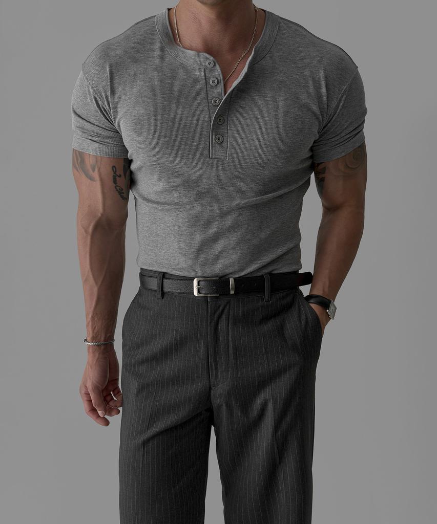 Baulopeulodeogteu Tencel Ribbed Henley Neck Muscle Short Sleeve T-Shirt [Gray]